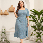 Suvine suures suuruses naiste kandiline kaelus l&uuml;hikeste varrukatega lilleline &otilde;huke kalasaba kleit k&otilde;rge v&ouml;&ouml;kohaga XL-5XL XL sinine