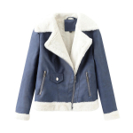 Naiste kunstnahast jope Fliisvoodriga soojad pikad varrukad Slim Fit l&uuml;hike mantel Stiilne k&auml;rbitud rev&auml;&auml;riga krae t&otilde;mblukk Bomber vabaaja mustad &uuml;ler&otilde;ivad 2XL sinine