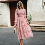 Naiste s&uuml;gisene kaelusega latern varrukatega k&otilde;rge v&ouml;&ouml;kohaga plisseeritud elegantne pika tr&uuml;kiga kleit L roosa