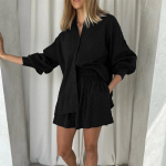 Naiste valged l&uuml;hikeste p&uuml;kste komplektid 2023. Suvine &otilde;&otilde;nsad lahtised s&auml;rk ja l&uuml;hikesed p&uuml;ksid, 2-osaline komplekt, riidest latern varrukas, naiste komplektid 22076 S must