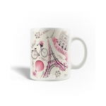 Mug en C&eacute;ramique La Tour Eiffel Bicyclette Rose de Cru avec les fleurs roses &agrave; Paris France
