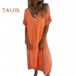 Naiste suvekleit V-kaelusega l&uuml;hikeste varrukatega, vaba &uuml;hev&auml;rviline &otilde;huke pehme hingav boheemlaslikus stiilis kesks&auml;&auml;re pikkusega rannamidi kleit S oranž