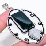 Natural Indian Moss Agate, Moonstone 925 Sterling Silver Pendant 2.84 m4b20