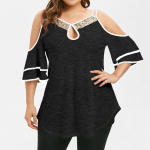 Fashion Women Summer Casual Strap Leaky Shoulder Sequin Short sleeve t-shirt L