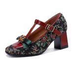 Johnature K&auml;sitsi valmistatud Kingad Retro-stiilis T&otilde;mblukuga K&otilde;rged Kontsad Ehtne Nahk Patchwork Jacquard Kanga Kombinatsioon Elegantne Naiste Kinga 42 punane