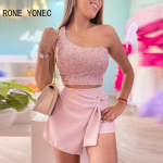 Naiste Riietus &Uuml;he &otilde;laga litritega crop-top ja skorts komplekt Naiste Kaheosaline Komplekt L roosa