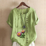 Naiste mood Lilled Prinditud &uuml;mmarguse kaelusega l&uuml;hikeste varrukatega T-s&auml;rk vabaaja puuvillane linane graafiline s&auml;rk vaba aja veetmiseks suvised pluusid S roosa