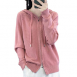 Naiste kampsun mantel kapuutsiga pingutusn&ouml;&ouml;riga pikkade varrukatega topeltt&otilde;mblukuga kudumismantel &uuml;hev&auml;rviline, lahtiselt liibuv žakaarriided S roosa