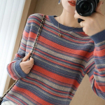 S&uuml;gistalvise alusega kootud kampsun Elegantne vikerkaarekujulised kudumistopid Naistele sobivad vabaaja kudumid pikkade varrukatega triibuga kampsunid paks pullover M