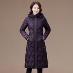 Keskealised naised talvepikk jope kapuutsiga vabaaja paks soe puuvillane polsterdatud mantel Naiste parkad talvemantel 4XL tumelilla v&auml;rv