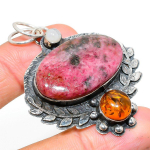 Natural Rhodonite, Amber Gemstone 925 Sterling Silver Gift Pendant 2.29 i9y06