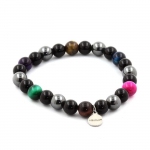 Pierres et Min&eacute;raux. Bracelet Perles Oeil de Tigre multicolore + H&eacute;matite + Agate noire 8 Fabriqu&eacute; en France.
