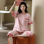 Naiste Pajama Suvine Kootud Puuvillane &Otilde;huke L&uuml;hikeste Varrukatega T&uuml;druk Lihtne Mood Vabaaja O-kaelusega Koduriietus Armas Pehme Joonisfilmiga Loungewear 2XL roosa