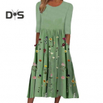 Naiste suvine voolav midi kleit boho lilleline plisseeritud kleit taskutega vabaaja poolpikkade varrukatega &uuml;mara kaelusega A-l&otilde;ikeline kleit S roheline