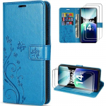 Coque + 2 Verres Tremp&eacute;s pour Xiaomi Redmi Note 14 Pro Plus 5G/Note 14 Pro+ 5G, Protection Synth&eacute;cuir Relief Floral Bleu