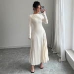 S&uuml;gis Talv Lihtne &Uuml;hev&auml;rviline Kootud Kleit Naised O-kaelus Pikkade Varrukatega Plisseeritud Kontorikleidid Elegantne Slim Robe Kleit M valge