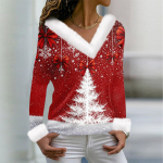 Naiste T-s&auml;rk Tee-J&otilde;ulus&auml;rk pikkade varrukatega pidulik j&otilde;ulutr&uuml;kiga fliiskrae V-kaelus M