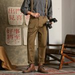 Meeste jaapani kombinesoonid rihmap&uuml;ksid puuvillased Dungaree kombinesoonid p&uuml;ksid vabaaja vintage vedrustusega sirged p&uuml;ksid 34 khaki