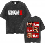 &Uuml;legabariidiline happepesuga vintage l&uuml;hikeste varrukatega T-s&auml;rk, millel on Red Dead Redemption 2 logo ja The Man, The Plan, The Rat meemi kahepoolne graafiline tr&uuml;kk S
