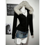 Y2K Harajuku Gootiline Naiste Kapuutsikas Sexy Slim &Scaron;ikk Suede Karusnahkse Kaelusega Kirjaprindiga Kardigan Dressipluus Streetwear S must