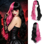 Poolmust pool kuumroosa jaotatud v&auml;rviga pikad lainelised s&uuml;nteetilised parukad tukkidega naistele gooti Halloweeni Cosplay peoks 26inches white