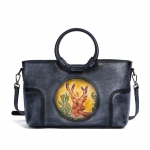 Johnature Vintage naturaalsest lehmanahast naiste kott Hirve reljeefne mitmek&uuml;lgne suure mahutavusega vaba aja k&auml;ekott &Otilde;lakotid must hall v&auml;rv