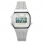 Casio Vintage digitaalne roostevabast terasest k&auml;ev&otilde;ru kvarts A168WA-8 unisex k&auml;ekell valge
