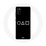 Samsung Galaxy A41 &uuml;mbris Squid Game logo s&uuml;mbolid ring ruut kolmnurk Must taust