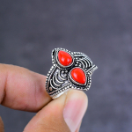 Natural Red Coral Gemstone Handmade 925 Sterling Silver Jewelry Ring Size 8 g6u51
