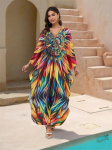 EDOLYNSA Vintage v&auml;rvilise tr&uuml;kiga naiste suures suuruses Kaftan 2024 suvine Boho V-kaelusega nahkhiire varrukatega seksikas rannakattega hubane majakleit Q1588 One Size mitmev&auml;rviline