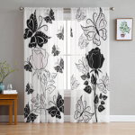 Lillelised abstraktsed mustvalged t&uuml;llkardinad elutuppa l&auml;bipaistev kardin Magamistoa loor Organza dekoratiivsed aknahooldused 135W x 114H(cm)