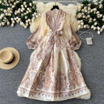 Uus s&uuml;gisene Paisley lilleprintimine p&uuml;hadekleit Boho naiste V-kaelusega laternaga varrukatega pitsist taskud &uuml;hes t&uuml;kis pikk Vestido L beež