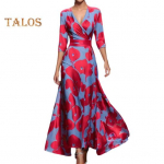 S&uuml;gis-kevadine maksikleit, ristikujulise V-kaelusega, kolmveerandvarrukatega, v&auml;rvilise mustriga, A-l&otilde;ikeline, suurte &otilde;&otilde;tsumistega, kitsa v&ouml;&ouml;kohaga, kohtingupidulik pikk kleit L &scaron;ampanjav&auml;rvi