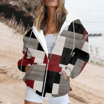 Naiste pikkade varrukatega geomeetriline lapiline tr&uuml;kitud kampsun, tasku lukuga kapuutsiga jakk L armee roheline v&auml;rv