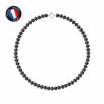 PERLINEA - Collier Perle de Culture d'Eau Douce AAA+ Semi-Ronde 7-8 mm Noire - Anneau Marin - Argent 925 Milli&egrave;mes - Bijoux Femme