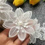 Luksuslik Valge Organza T&uuml;ll Pitskangas 3D Helmestega Lilledega Tikand Pael &Auml;&auml;ris DIY &Otilde;mblemiseks Dekoltee R&otilde;iva Kleidi Dekoratsioon