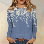 Naiste mood vabaaja &uuml;mara kaelusega pikkade varrukatega tr&uuml;kitud T-s&auml;rgi topp L armee roheline v&auml;rv