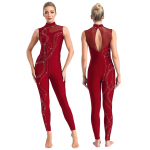 Womens Shiny Rhinestones Gymnastics Figure Skating Ballet Dance Unitards Tight Fitting Jumpsuit Performance Bodysuit Costume S