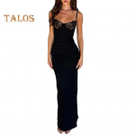 Naiste pitsiga cami bodycon maksikleit spagetirihmade ja varrukateta l&otilde;ikega, l&otilde;hikuga pikk kleit, seksikas madala dekolteega &otilde;htukleit kokteilipidudeks, &ouml;&ouml;klubideks S must