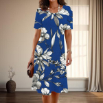 Naiste moodne graatsiline lilleprindiga suvine kevadine l&uuml;hikeste varrukatega O-kaelusega vabaajakleidid XS sinine