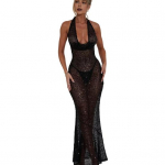 Naiste l&auml;bipaistev v&otilde;rk-maksikleit s&auml;delevate litritega, l&auml;bi n&auml;htav halter-pikk kleit, s&uuml;gava V-kaelusega, seljapaljastava kehakontuuri j&auml;rgiva kleidiga, seksikad peoriided XL must