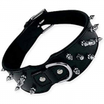 Collier en cuir - GLORIA - Mod&egrave;le Col de Fourrure - 3 rang&eacute;es de pointes - Ajustable - Noir must