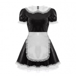 Naiste Wet Look nahast Prantsuse teenija Cosplay kost&uuml;&uuml;m, puhvis varrukatega peokleit 3XL must