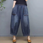 Naiste Vintage Etniline Stiil Streetwear Y2K L&otilde;dvad Teksap&uuml;ksid Kevad Suvi Vabaaja &Uuml;le suuruse Taskutega Denim Pahkluupikkusega P&uuml;ksid Pantalones M sinine