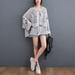 DIMANAF Plus Size Naiste Pluus S&auml;rgid Ajaleheprint &Scaron;ifoon &otilde;huke kardigan T&otilde;mblukk Suvine Valge Mantlid Suur valge