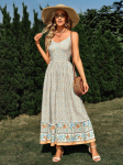 Suvine lilledega tr&uuml;kitud Boho kleit V-kaelusega varrukateta pikk kleit naistele Elegantne Slim Fit Slip Kleit Vestido De Mujer 24869 S beež