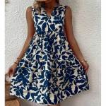 Mood varrukateta A-kujuline kleit vabaaja taimne lillega tr&uuml;kitud plisseeritud kleit naiste suvine vaba V-kaelusega Boheemi kleidid, r&uuml;&uuml; 25270 S tumesinine