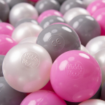 KiddyMoon 100 pallid 7cm/2,75 tolli pehmest plastist m&auml;ngupallid lastele v&auml;rvilised sertifitseeritud made in eu, p&auml;rl/hall/roosa 100 Balls/7cm-2.75in