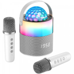Karaokemasin, mini kaasaskantav juhtmeta Bluetooth-k&otilde;lar koos 2 traadita mikrofoniga t&auml;iskasvanutele, lastele m&otilde;eldud laulumasin, disko LED-tuled peo jaoks
