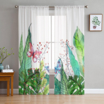Troopilised akvarellilehed ja liblikad L&auml;bipaistvad kardinad magamistoa jaoks Peen Voile kardin Elutoa k&ouml;&ouml;gikardinad 135W x 114H(cm)
